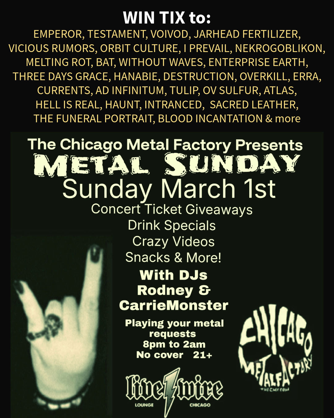 WIN TIX to EMPEROR TESTAMENT VOIVOD NEKROGOBLIKON JARHEAD FERTILIZER VICIOUS RUMORS ERRA DESTRUCTION CURRENTS ORBIT CULTURE @ theCMF Metal Sundays March edition -