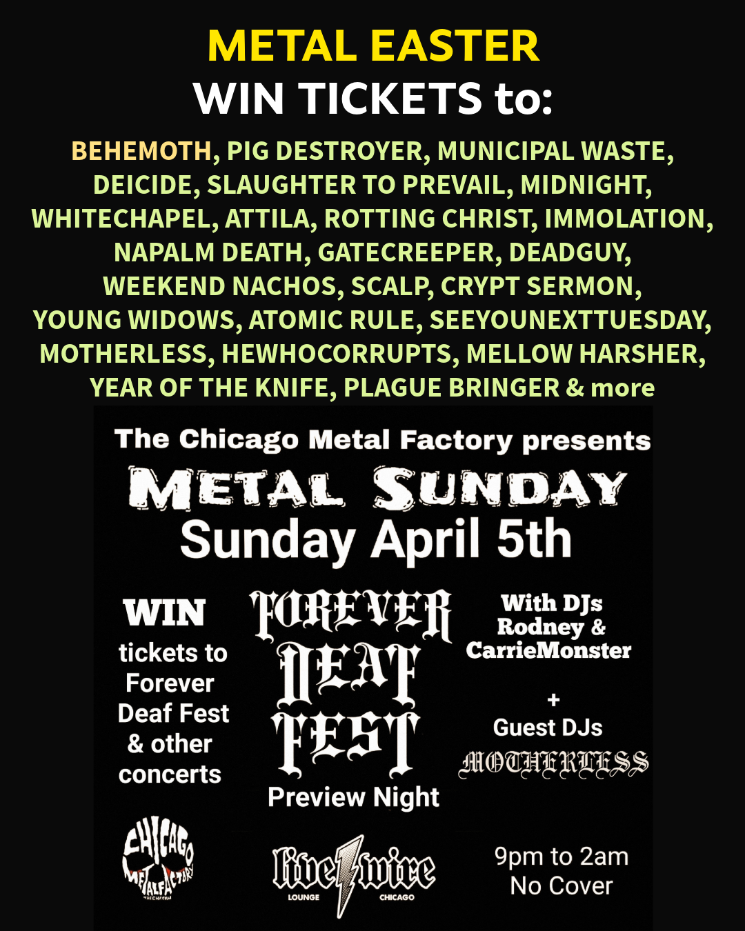 METAL EASTER - WIN TIX + Forever Deaf Fest preview night @ theCMF Metal Sundays April edition w/ guest DJ's Nick Fury & MOTHERLESS